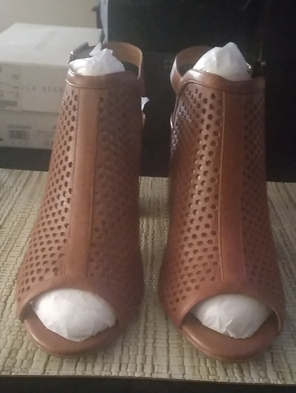 Barneys New York Brown Perforated Peep-Toe Mules